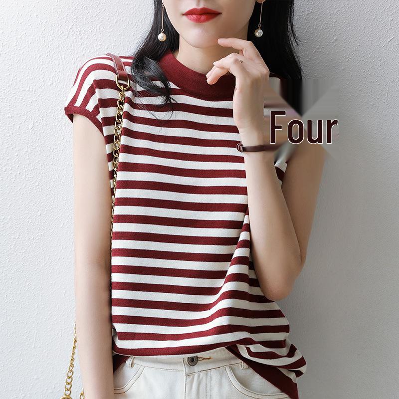 

Женская летняя полосатая хлопково-льняная футболка с коротким рукавом - Черно-белый облегающий трикотажный топ M