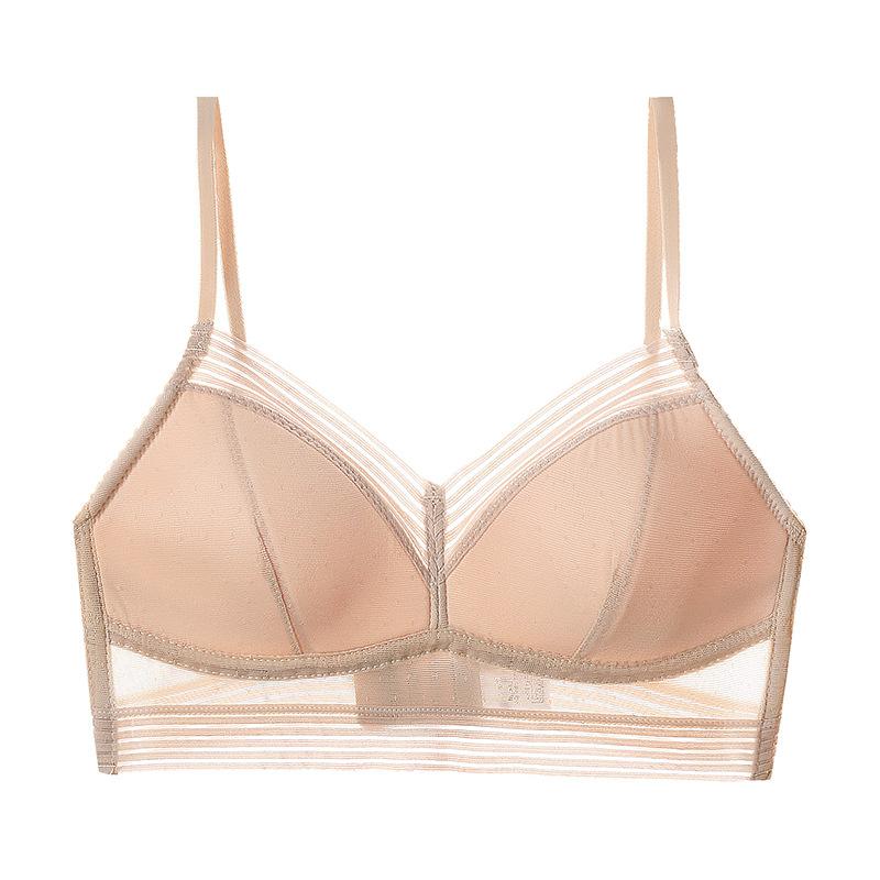 Women Beige Breathable Mesh Bra with Horizontal Stripe Detail and Wireless Support