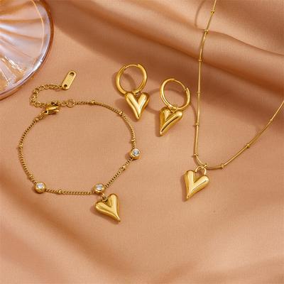 3PCS Fashion Sweet Stainless Steel Round Beads Good Luck Peach Heart Solid Heart Pendant Earrings Bracelet Foot Chain Necklace Set