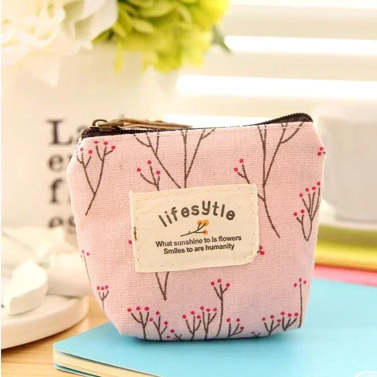 Small Fresh Canvas Coin Wallet, Fashionable Flower Pattern Zipper Bag, Earphone Key Storage Bag, Portable Zero Money Bag