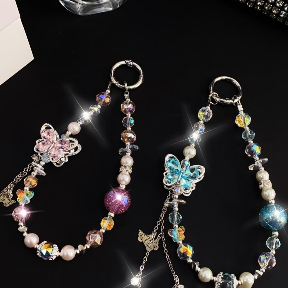 Butterfly Crystal Bead Phone Strap Pearl Anti Loss Cell Phone Chain Handheld Luxury Mobile Phone Lanyard New Year Gift