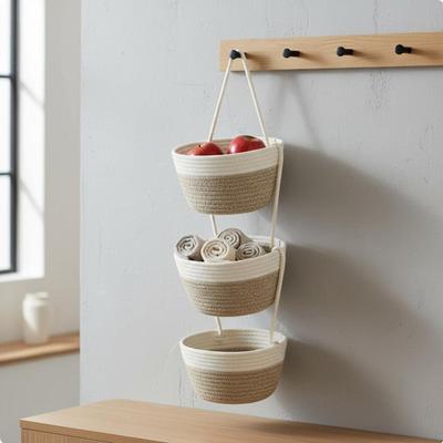 3 Tiers Hanging Basket Space-Saving Woven Rope Storage Versatile Tiered