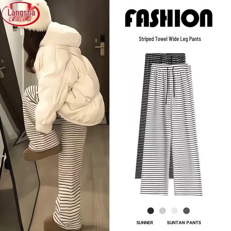 Langsha Women s Fleece-Lined Striped High-Waist Wide-Leg Winter Pants L