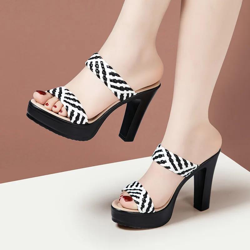 

10см Элегантные туфли на высоком каблуке из вязаного блока смешанного цвета, женские шлепанцы 2025 лето, платформа на толстой подошве, слайды для офиса, модель 41 чёрный