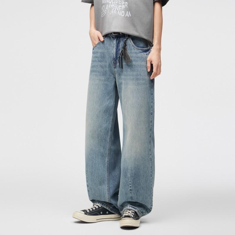 Mens High-end Cotton Denim Jeans Vintage Washed Wide Leg Streetwear Style Casual Long Pants