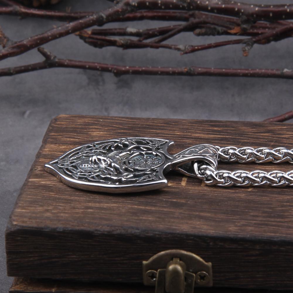 Vikings Jewelry Stainless Steel Deer Head Shield Rune Necklace Mens Gift with Wooden Box