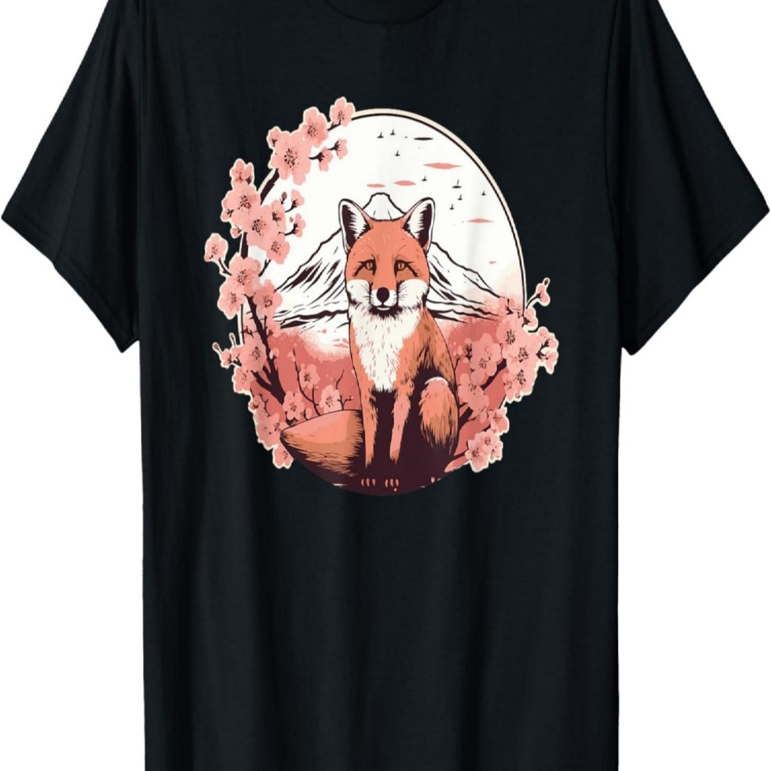 Red Fox Mount Fuji Cherry Blossom  Art Sakura T-Shirt S чёрный