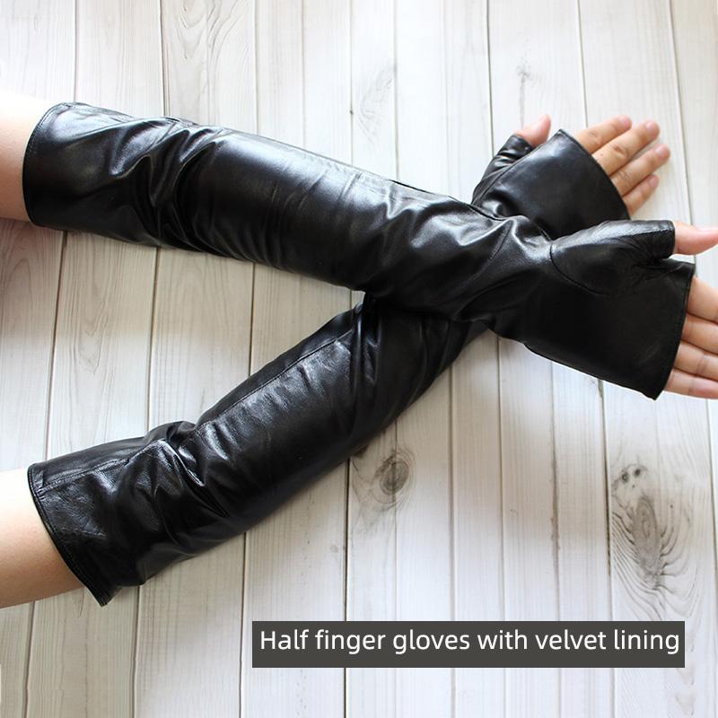 

Длинные кожаные перчатки без пальцев Модные женские перчатки из овчины с половиной пальца Осенне-зимние теплые бархатная подкладка Теплые нарукавники 8
