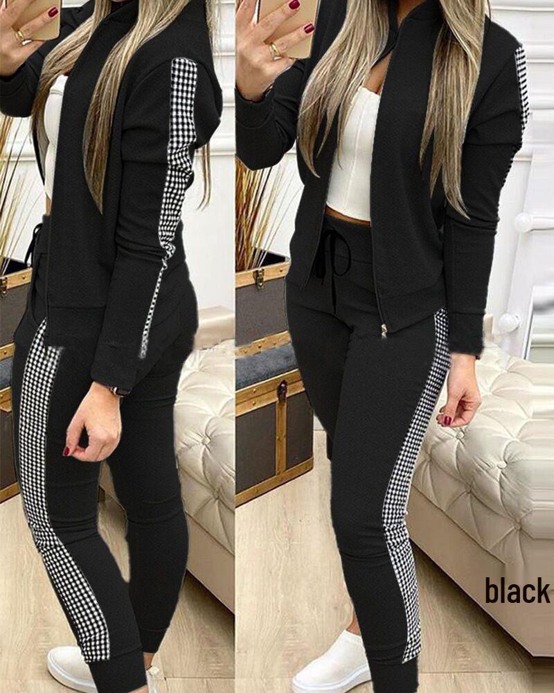2026 Cross-Border Autumn/Winter Women s Long Casual Plaid Zipper Patchwork Suit Medium чёрный