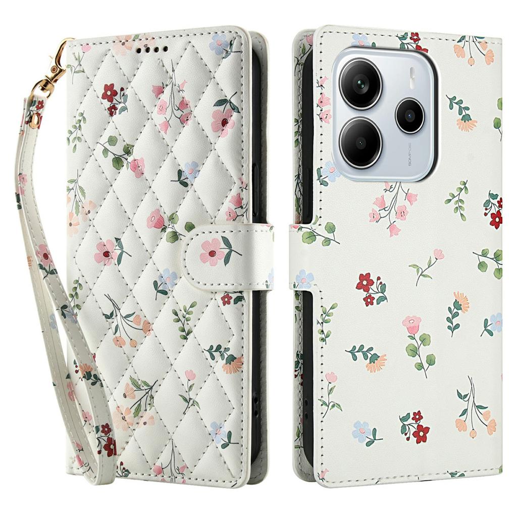 Brieftasche Hülle für Xiaomi Redmi Note 14 5G/Poco M7 Pro 5G Rautenmuster Blumendesign Leder Klapphandyhülle mit Riemen