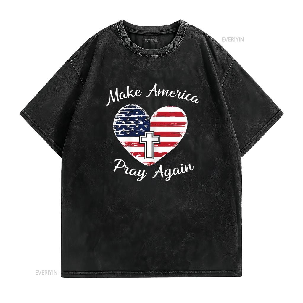 Make America Pray Again Christian USA Heart Distressed T Shirt Vintage Washed Soft Slightly Streetwear Graphic