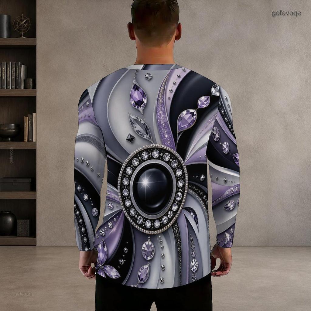 Men Plus Size Round Neck Long Sleeve T Shirt Black Sparkle Star Print Pullover Straight Hem