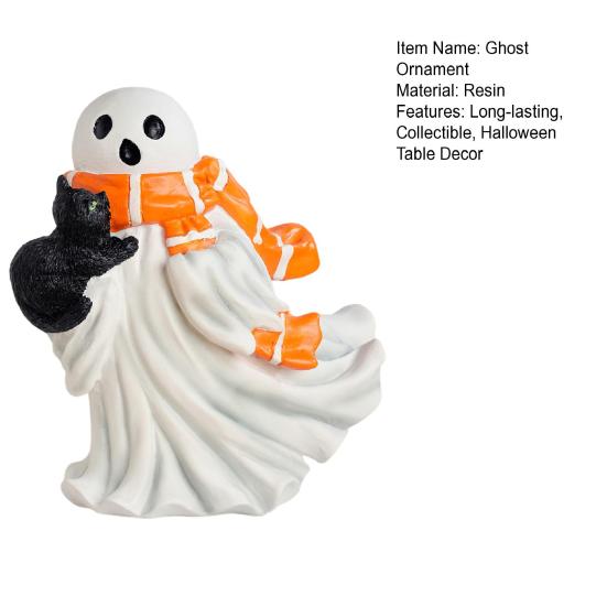 Halloween Ghost Figurine Resin Ghost And Black Cat Statue Desktop Ghost Wearing Scarf Ornament for Mantel Cabinet Shelf
