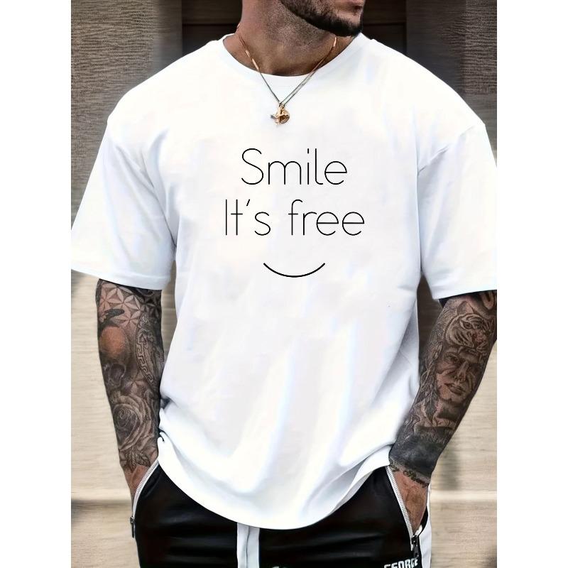 Men S Smile It S Free Pattern Summer Casual Round Neck Short T-Shirt S белый