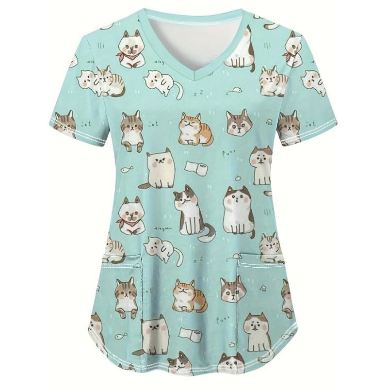 Medical Uniform for Women Cute Cat and Dog Print V-Neck Clinical Uniform Short Sleeve Patch Pocket Tops Surgical Uniforms Woman
