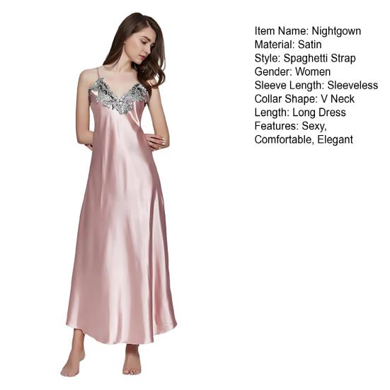 Women's Satin Lace Nightgown Spaghetti Strap Sleeveless Slip Dress Soft V Neck Maxi Sleepwear Silky Chemise Nightdress