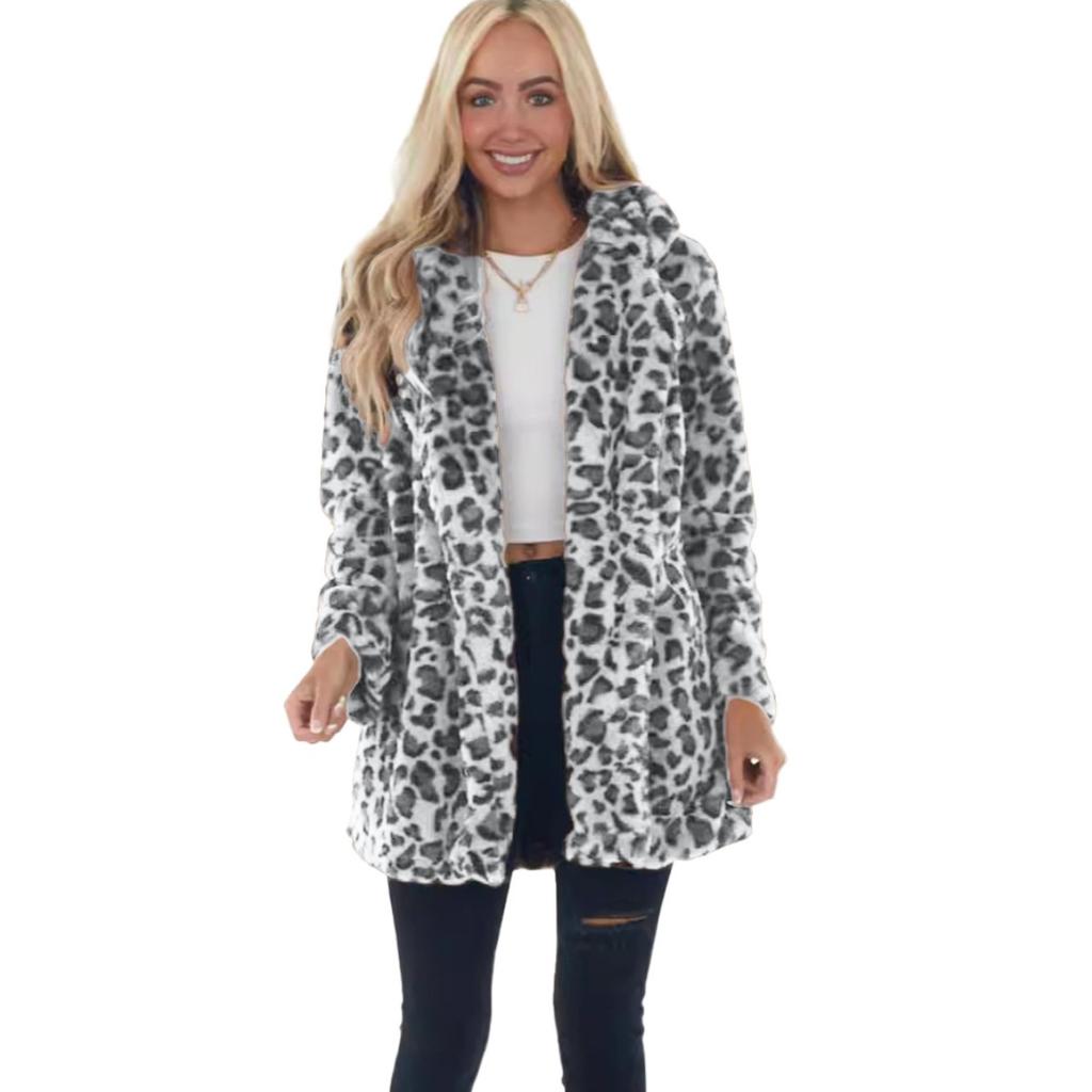 Women's Turn Down Collar Long Sleeve Loose Fit Leopard Print Faux Fur Jacket Mid Length Plush Winter Cardigan Coat