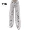 Jeans Versatili da Donna Patchwork di Pizzo da Donna Borsa Casual Ampia Gamba Dritta Larga Spandex per Pantaloni in Denim Vita Media Floreale Traforato Flessibile