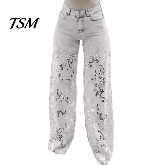 Jeans Versatili da Donna Patchwork di Pizzo da Donna Borsa Casual Ampia Gamba Dritta Larga Spandex per Pantaloni in Denim Vita Media Floreale Traforato Flessibile