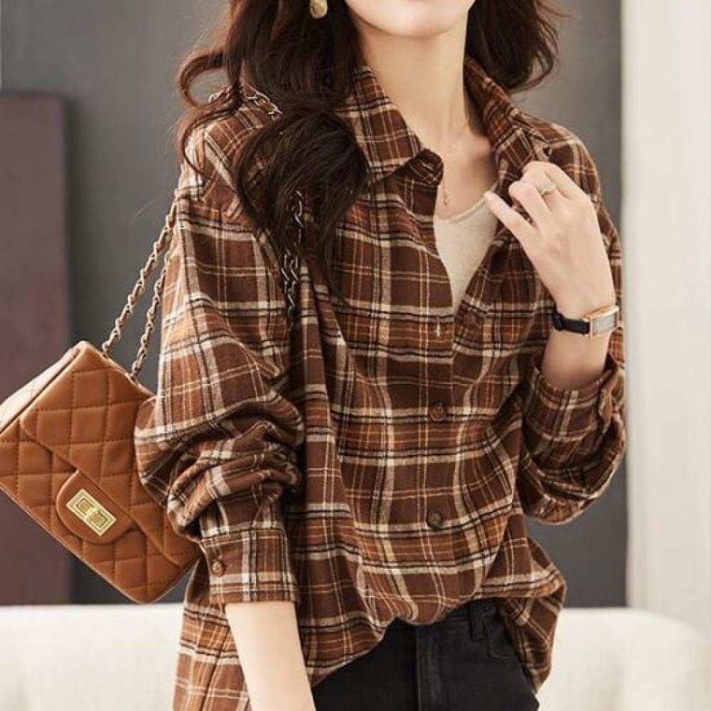 Navava Women Retro Check Long Sleeve Shirt Nb2980