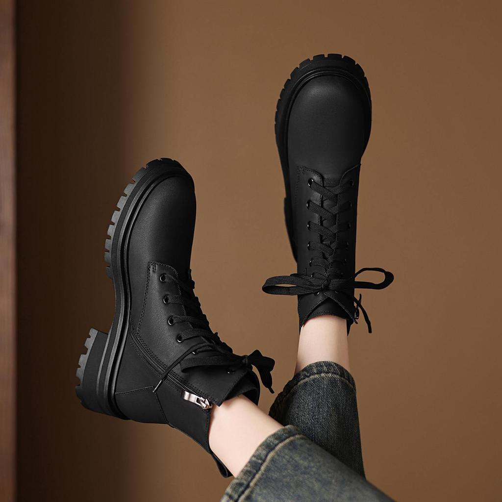 Krazing Pot Cow Skin Winter Round Toe Western Boots Med Heels Lace Up Women British School Ankle Boots