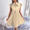 Women Elegant High Waist Pleated Dress with Lace Up Detail and Large Fold Bow Collar Solid Color Spring Summer Fashion