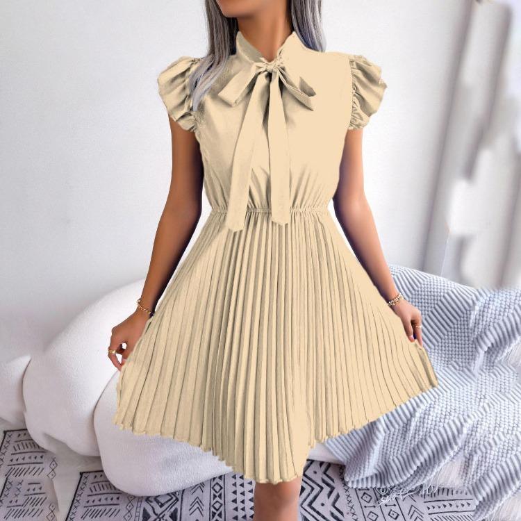 Women Elegant High Waist Pleated Dress with Lace Up Detail and Large Fold Bow Collar Solid Color Spring Summer Fashion
