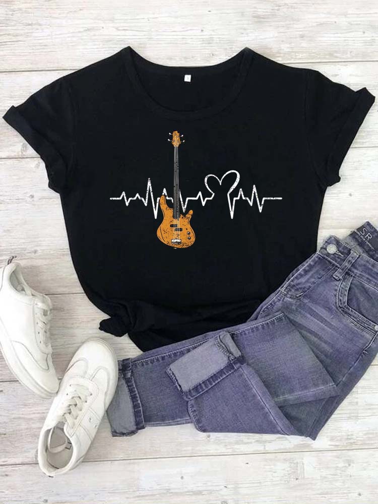 Fashion Women T Shirt Musical Note Printed T Shirt Casual Black Tops 90s Ladies Girls Tee Shirt Female Harajuku Graphic T-shirt