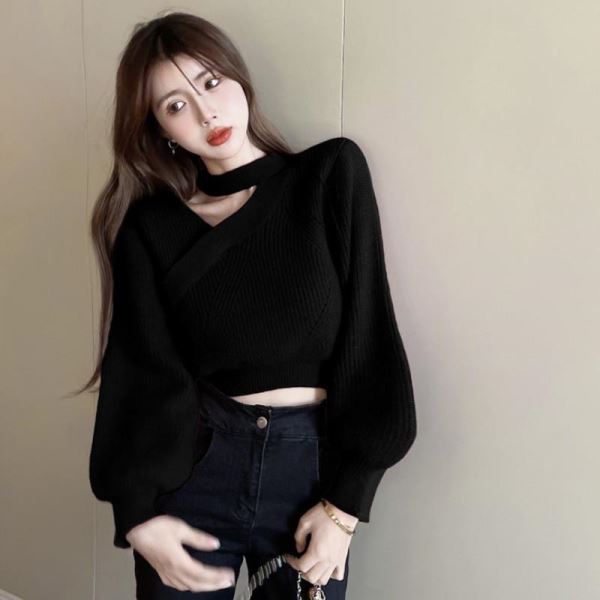 Pullovers Knitted Sweater V-Neck Puff Sleeve Halter Neck Female Sweet Korean Cropped Sweaters Women s Clothing 1276₽