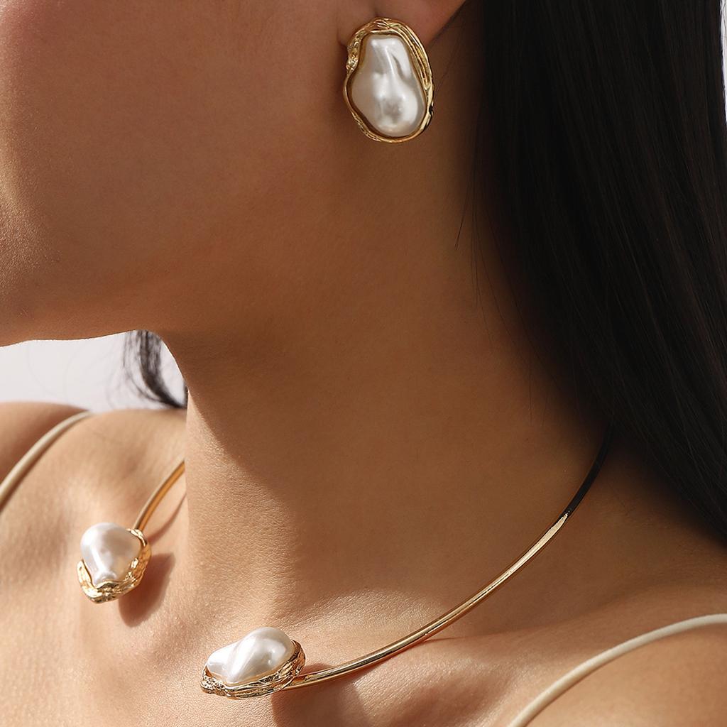 European and American Baroque Geometric Pearl Flower Jewelry Set Retro Temperament Earrings Bracelet Necklace Ring