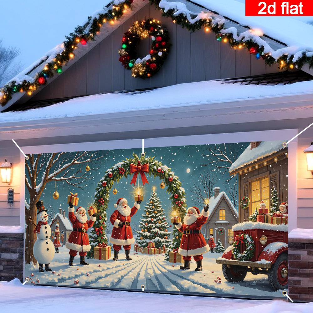 2D Door Flag 1 Piece Christmas Garage Door Flag - Festive Santa Claus and Snowman Scene