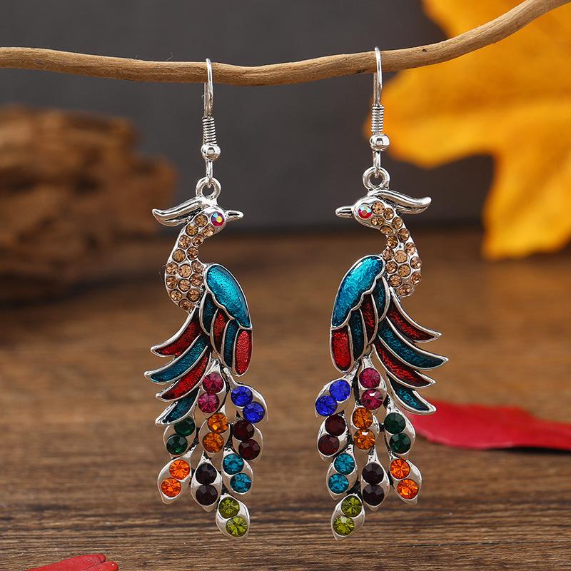 Blue Drop Oil Rhinestone Peacock Earrings for Women Ethnic Vintage Long Silver Color Geometric Animal Earrings Boho Jewelry Gift