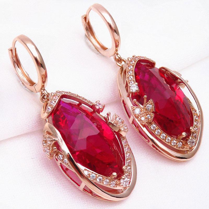 Exquisite Russian Purple Gold Inlaid Colored Gold Luxury Temperament Style Korean Version Water Drop-Shaped Rose Gold Redstone Earrings