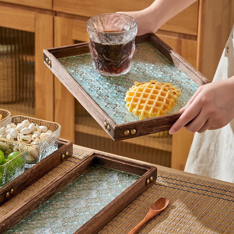 Solid Glass Wooden Tray Table Living Room Tray Coffee Snack Food Meals Chinese Tea Serving Tray Rectangular Fruit Bamboo