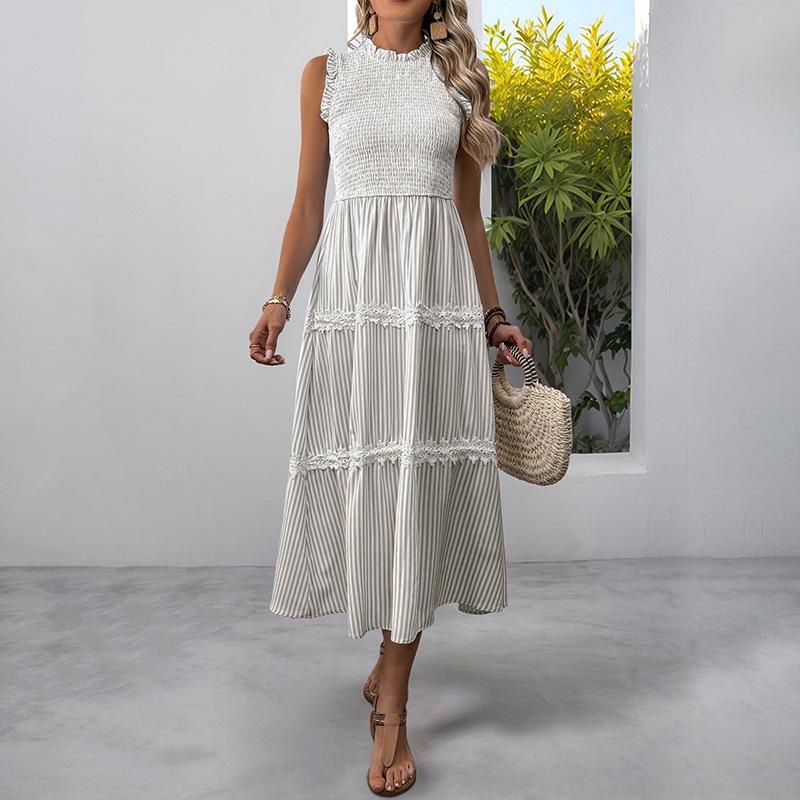 Summer 2026 Middle East High-End Lace Trim Patchwork Maxi Slip Dress with French Stripes