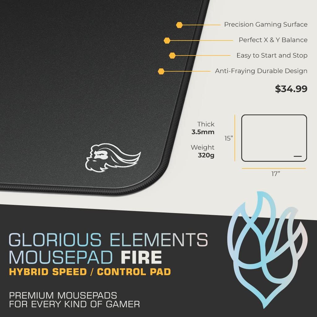 Glorious Elements Gaming Mouse Pad, Black, 38x43cm, 3mm Thick, 320g, Laminated Cloth, Control Type, FIRE, Official Japanese Product