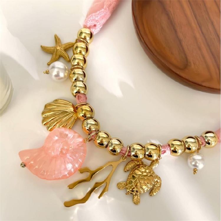 Ocean Themed Ceramic Shell And Starfish Pendant Necklace Adjustable Length Collarbone Chain Summer Gift