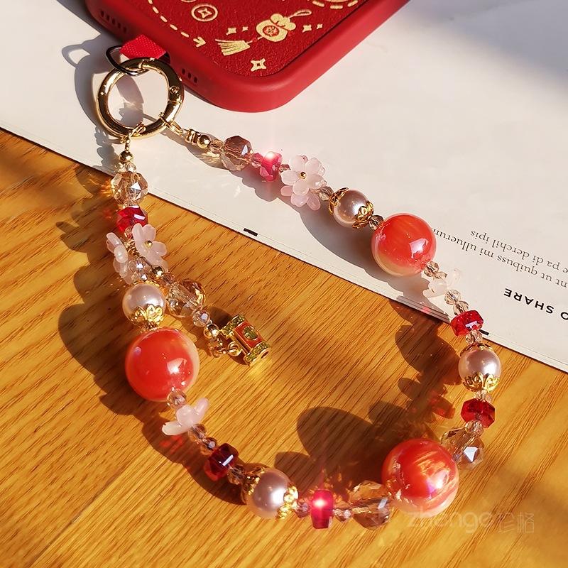 Persimmon safe crystal mobile phone hanging chain ins boutique handmade high-end women's bracelet beaded chain short wrist pendant
