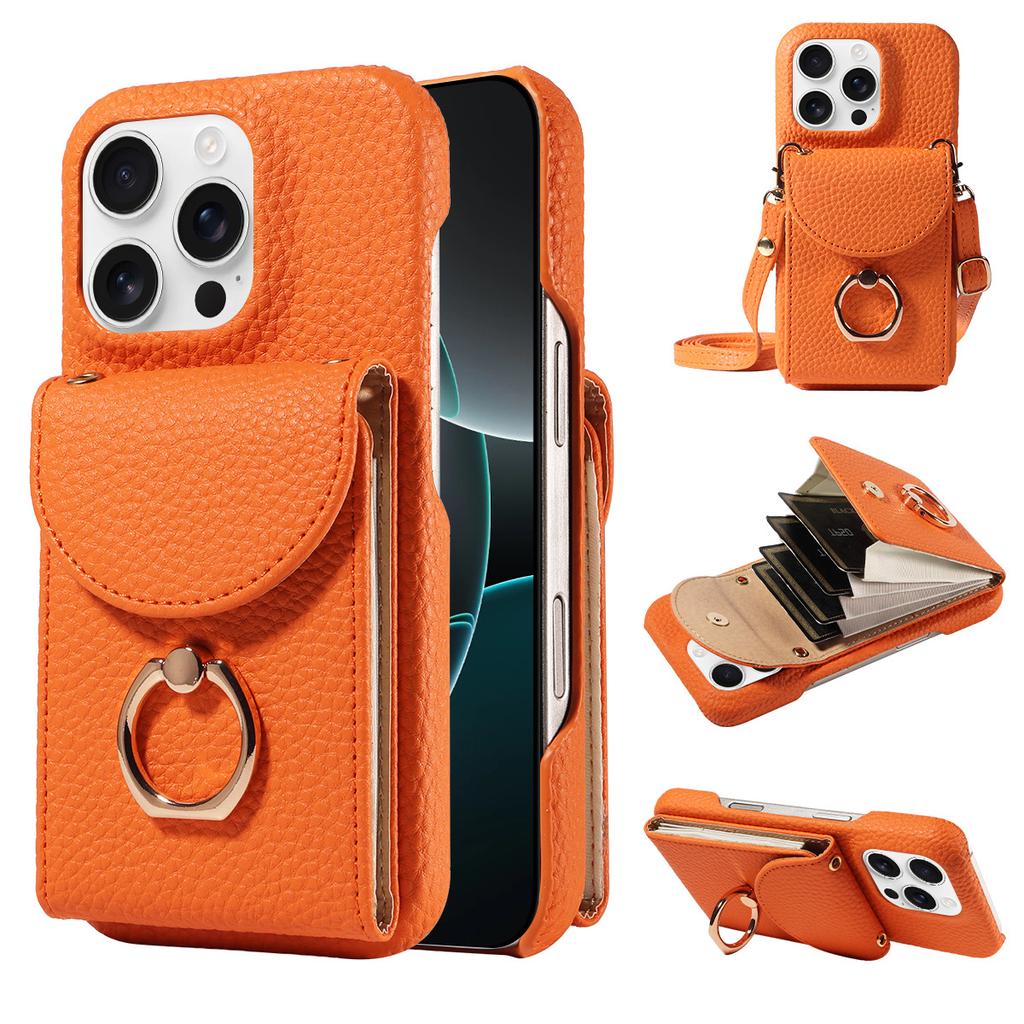 Litchi Texture Wallet Case for iPhone 16 Pro Max/15 Plus, Rugged Shockproof Cover with Card Holder & Ring Kickstand, Heavy Duty Protective Case
