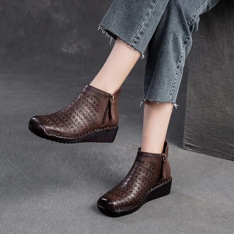 Johnature Genuine Leather Breathable Hollow Out Boots Retro Versatile Comfortable Women's Wedges Shoes