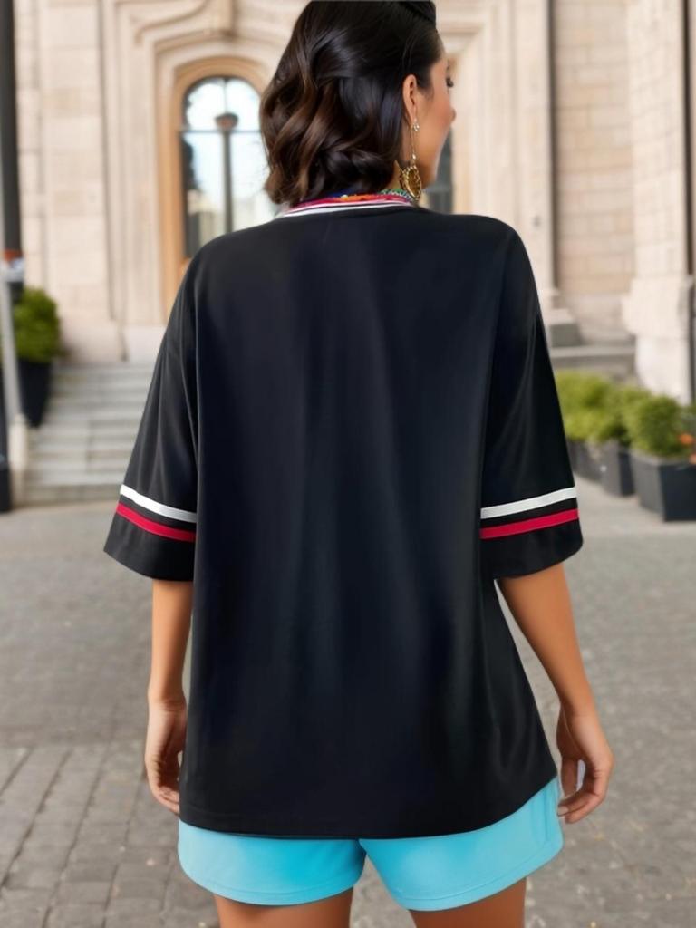 Women's Loose Stripe Trim Sports T-Shirt