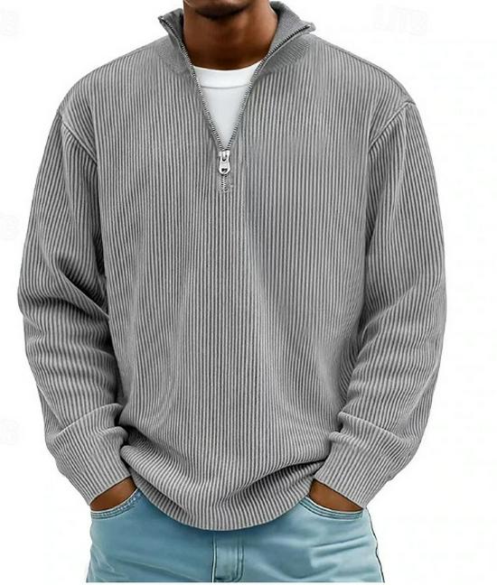 

Men s Zipper Polo Shirt with Collar, Long Sleeve, Striped Design M