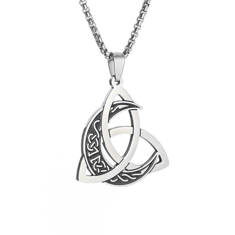 Viking Triangle Knot Moon Phase Pendant Necklace Titanium Steel Men Jewelry Retro Norse