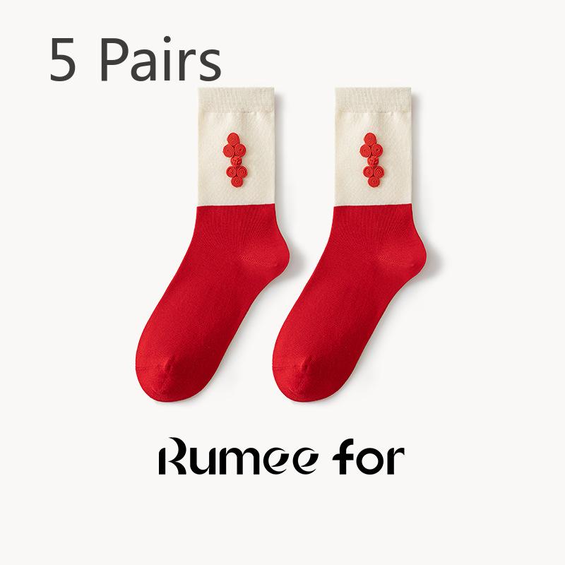 5 Pairs of Female New Year Chinese Knot Retro Sweat Absorbent Non Slip Big Red Tube Socks