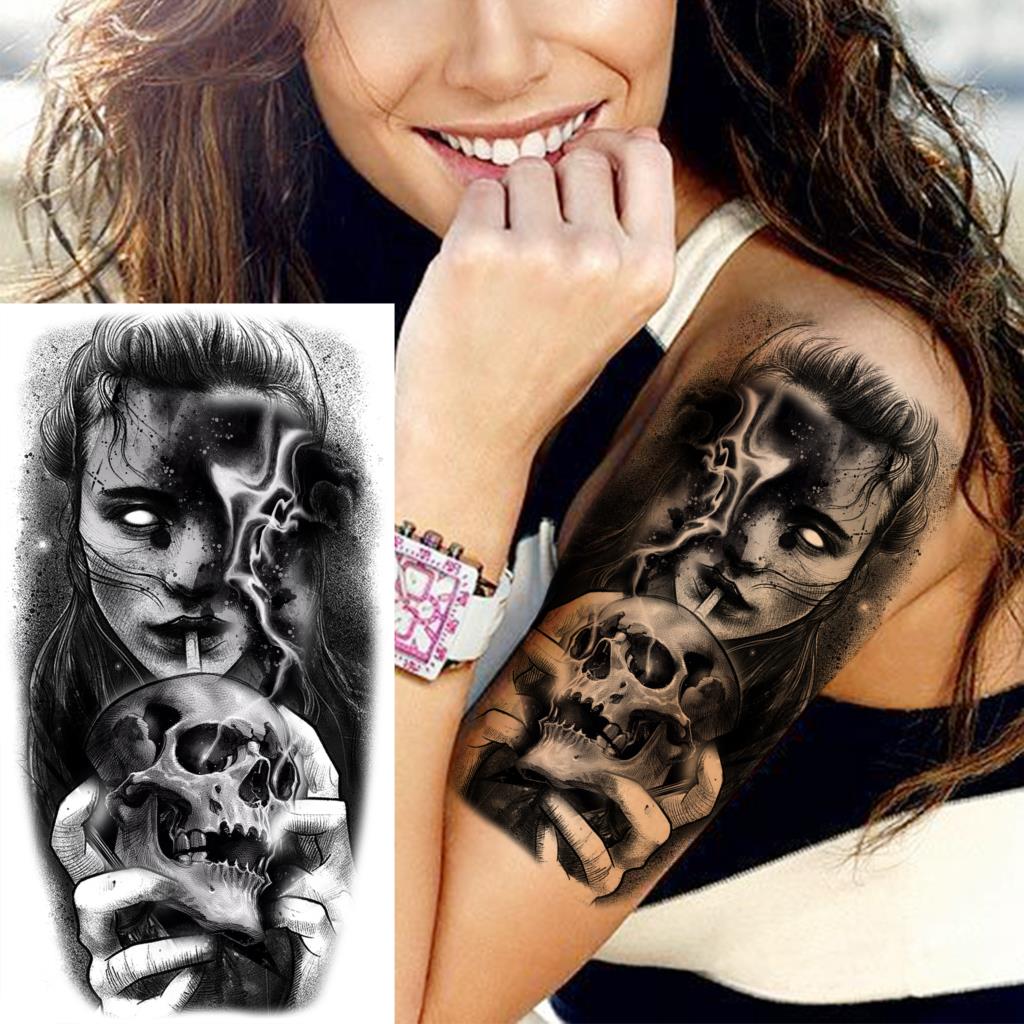 8 Sheets Black Skull Temporary Tattoos For Adults Women Man Fake Animal Tattoo Sticker Wolf Tiger Tatoos Gangster Flower Fashion