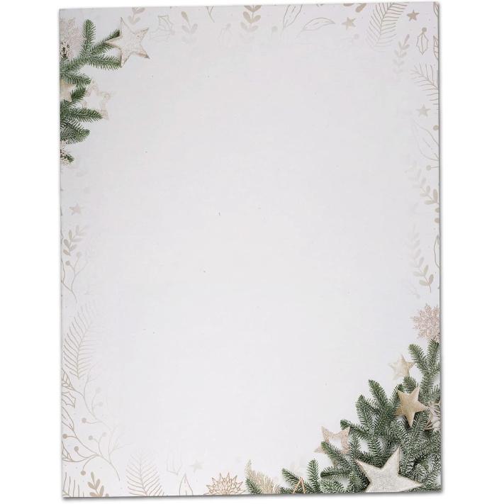 Pine Branches & Stars Winter Holiday Stationery Letterhead Paper - 60 Sheets