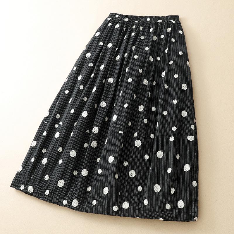 2026 Women's Quilted Polka Dot A-line Skirt - Black Cotton Linen, Thickened for Autumn/Winter