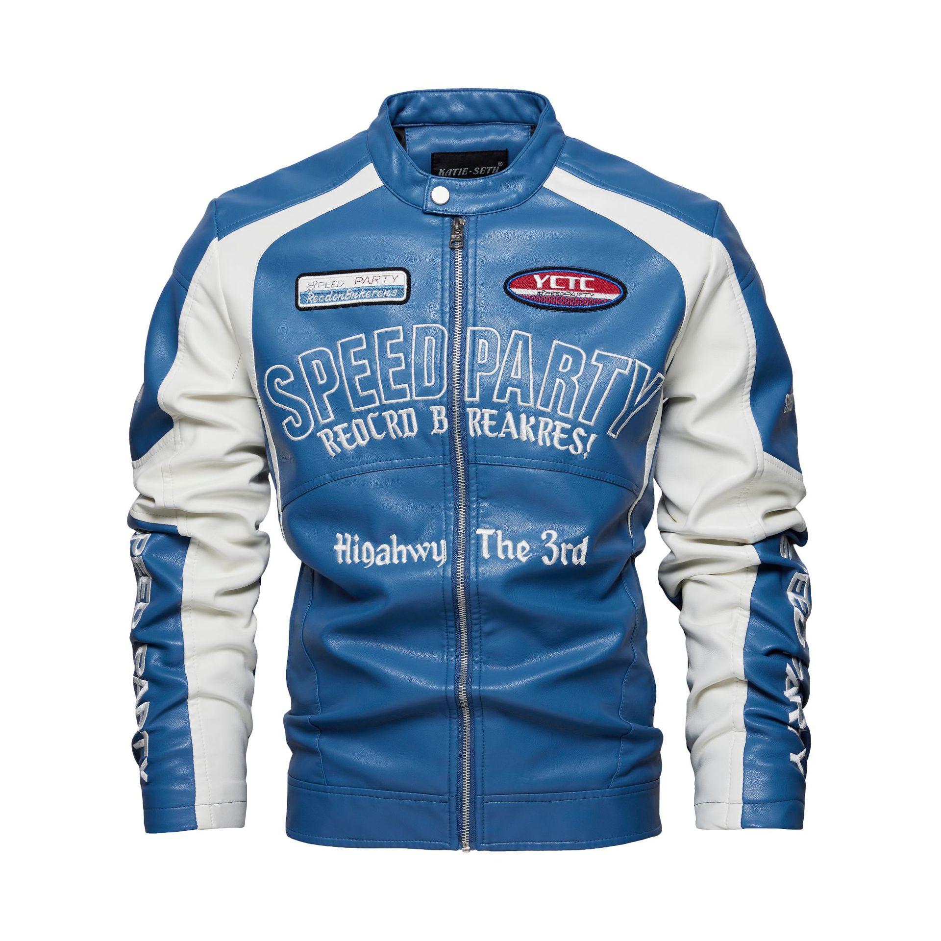 

Мужская кожаная куртка с цветными блоками, вышитый мотоциклетный костюм, мужская модная куртка большого размера M синий