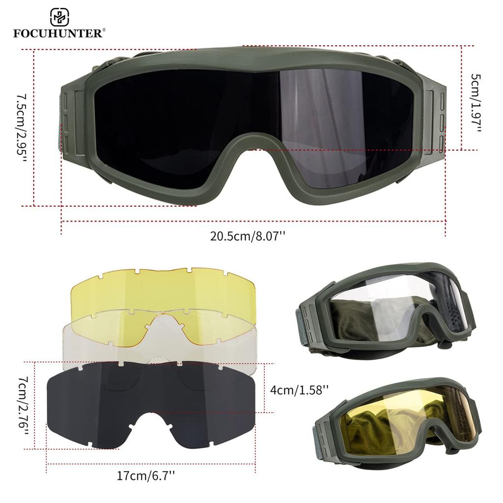 FOCUHUNTER Tactical Sports Lens Easy Lens Adjustable Impact Airsoft Sunglasses Goggles, Glasses, 3-Color Set, Interchangeability, Length, Resistant,
