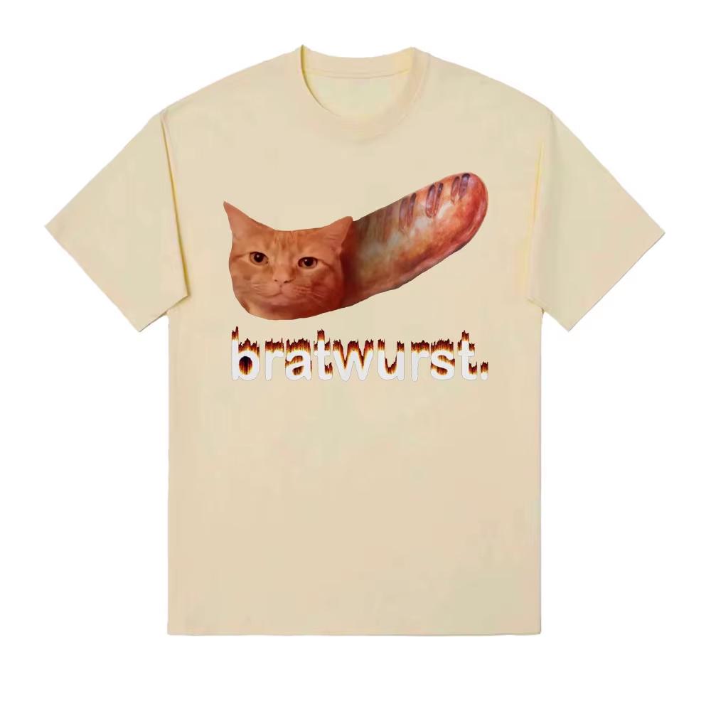 Funny Orange Cat Bratwurst Meme Tshirt Unisex Cotton Graphic Tee Weirdcore Aesthetic Streetwear Short Sleeve S